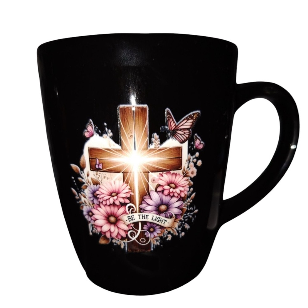 Handcrafted Black Mug with Cross and Floral Design